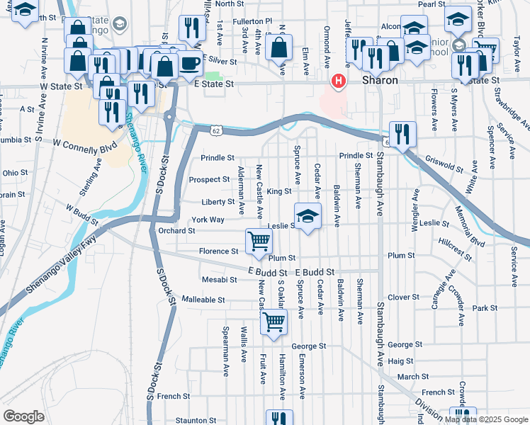 map of restaurants, bars, coffee shops, grocery stores, and more near 395 New Castle Avenue in Sharon