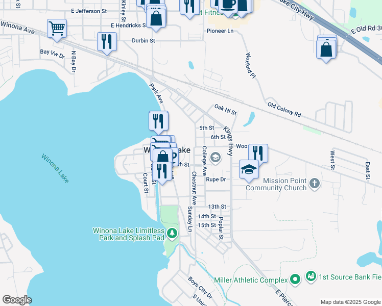 map of restaurants, bars, coffee shops, grocery stores, and more near 708 College Avenue in Winona Lake