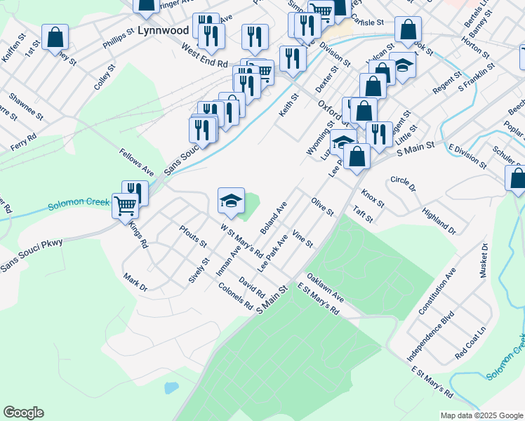 map of restaurants, bars, coffee shops, grocery stores, and more near 214 Boland Ave in Luzerne