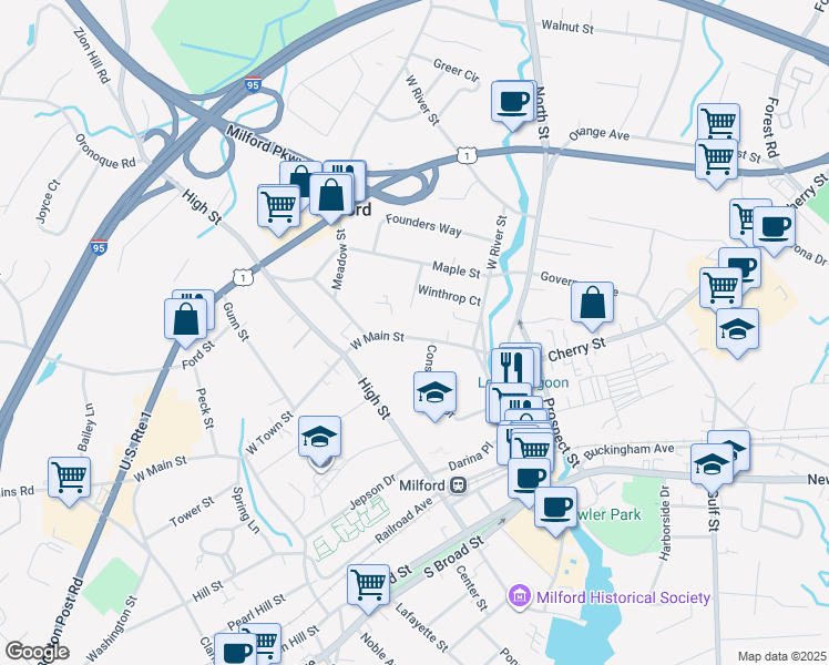map of restaurants, bars, coffee shops, grocery stores, and more near 100 West Main Street in Milford