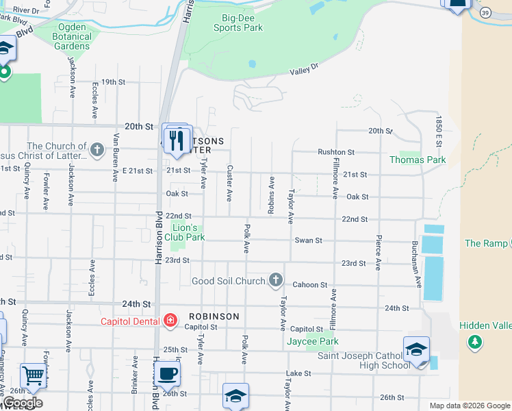 map of restaurants, bars, coffee shops, grocery stores, and more near 2170 Polk Avenue in Ogden