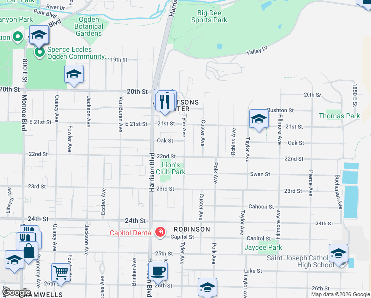 map of restaurants, bars, coffee shops, grocery stores, and more near 2168 Tyler Avenue in Ogden