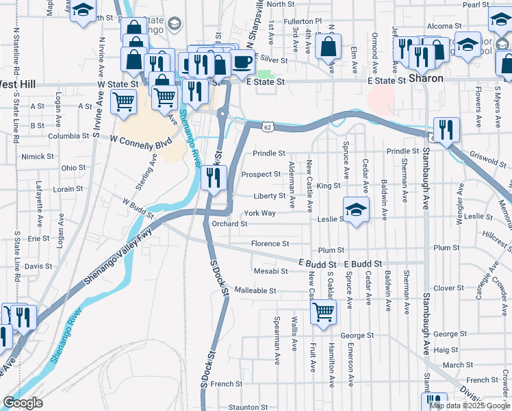 map of restaurants, bars, coffee shops, grocery stores, and more near 306 Liberty Street in Sharon