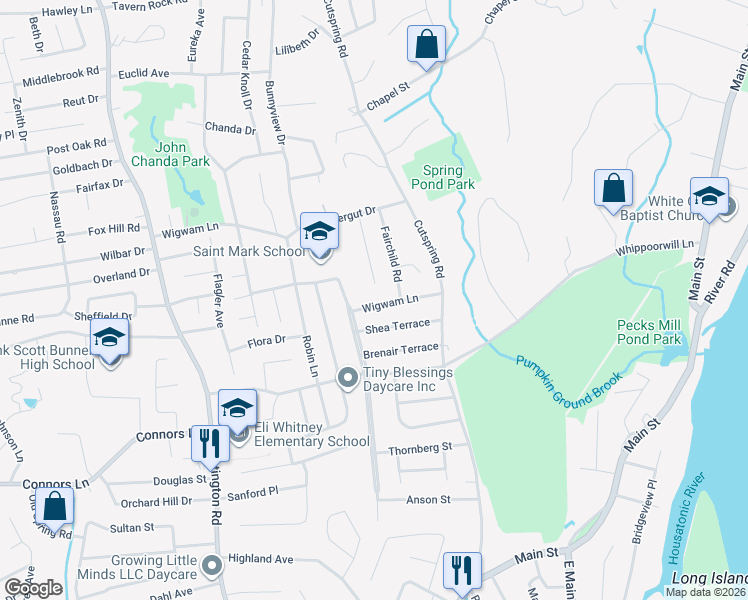 map of restaurants, bars, coffee shops, grocery stores, and more near 165 Valley View Road in Stratford