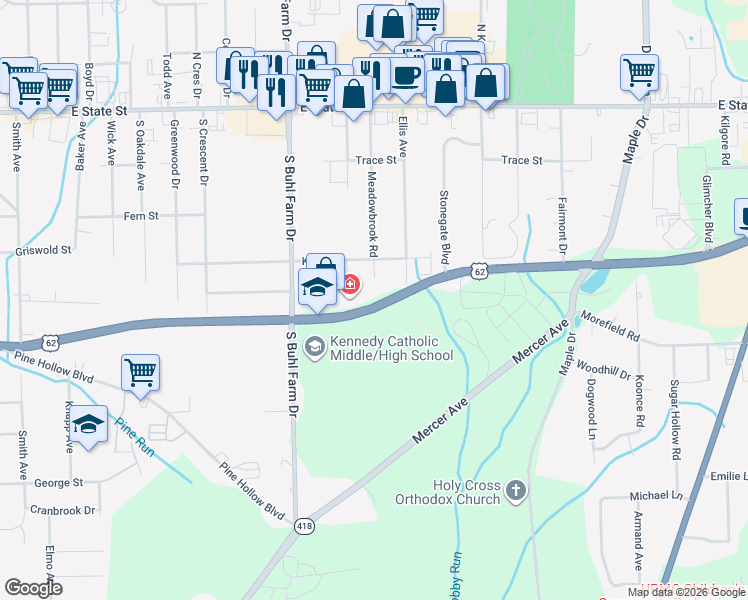 map of restaurants, bars, coffee shops, grocery stores, and more near 309 Meadowbrook Road in Hermitage