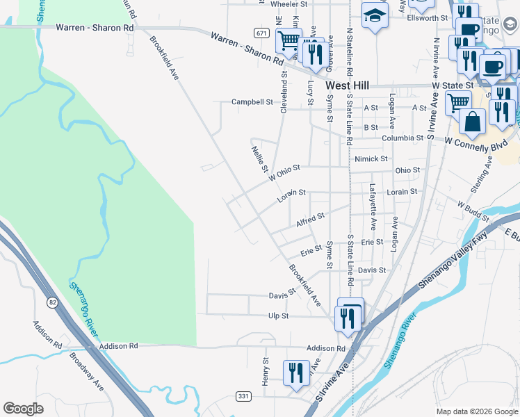 map of restaurants, bars, coffee shops, grocery stores, and more near 8135 Lorain Street in Masury