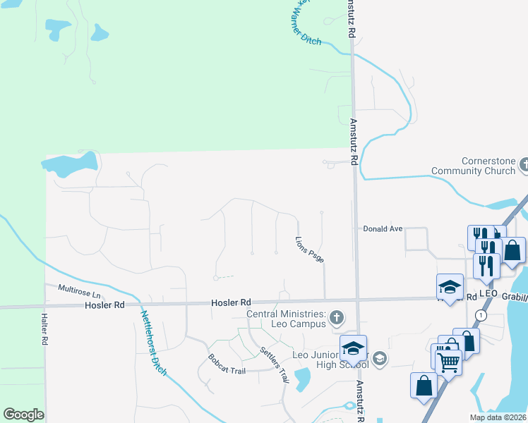 map of restaurants, bars, coffee shops, grocery stores, and more near 9519-9527 Poplar Creek Place in Leo-Cedarville