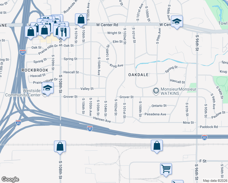 map of restaurants, bars, coffee shops, grocery stores, and more near 3512 South 102nd Street in Omaha