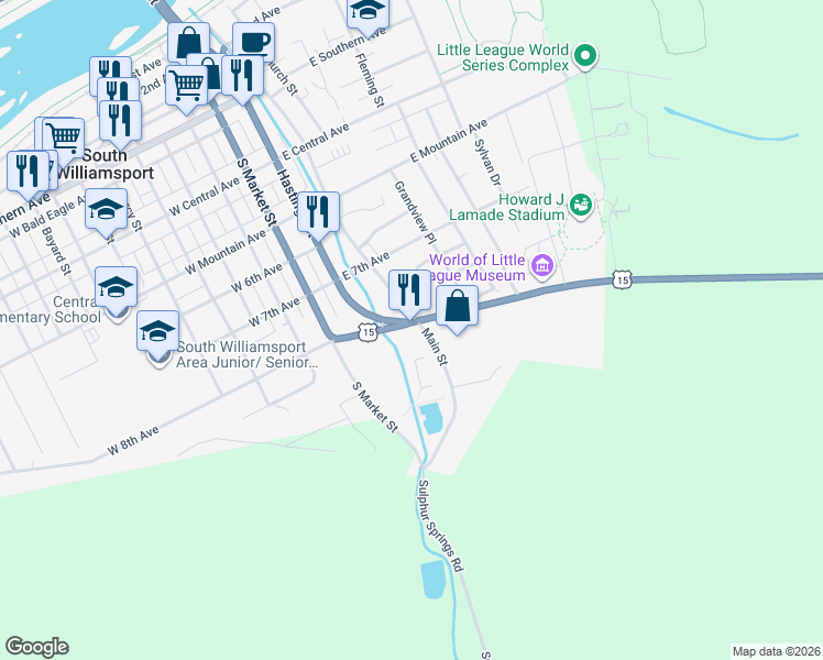 map of restaurants, bars, coffee shops, grocery stores, and more near 180 Montgomery Pike in Williamsport