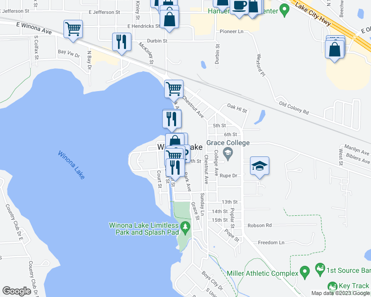 map of restaurants, bars, coffee shops, grocery stores, and more near 801 Park Avenue in Winona Lake
