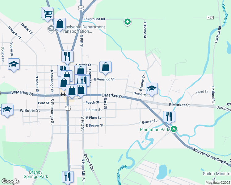 map of restaurants, bars, coffee shops, grocery stores, and more near Gooseberry Street in Mercer