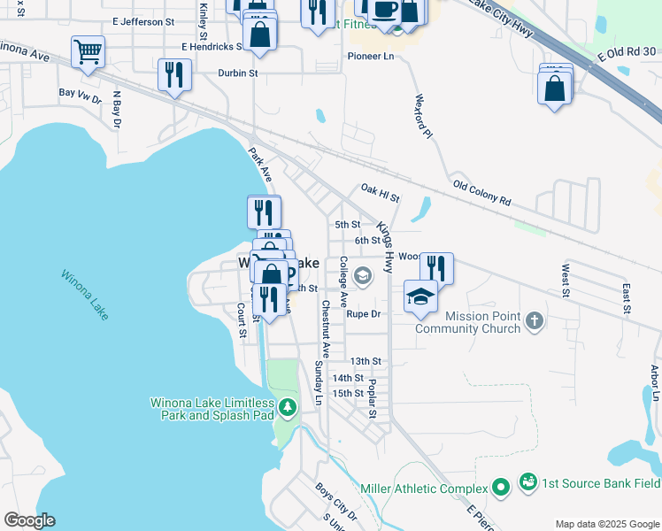 map of restaurants, bars, coffee shops, grocery stores, and more near 708 College Avenue in Winona Lake