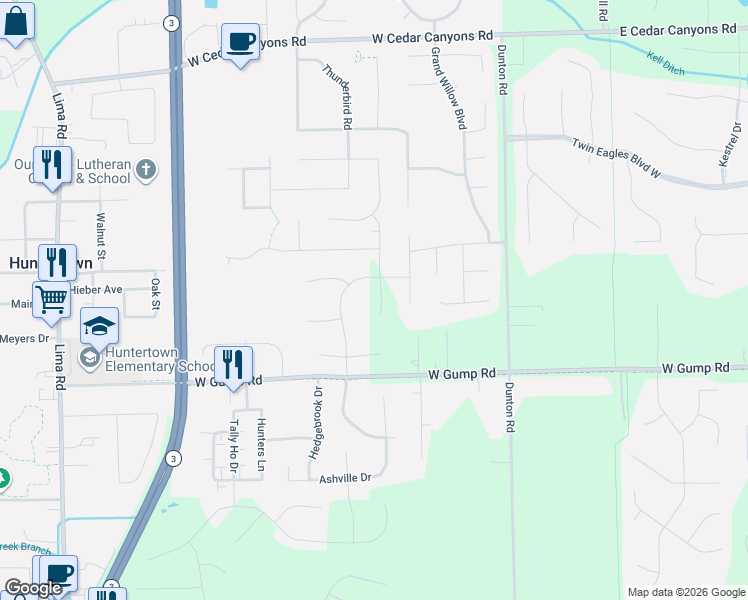 map of restaurants, bars, coffee shops, grocery stores, and more near 15610 Impala Drive in Huntertown