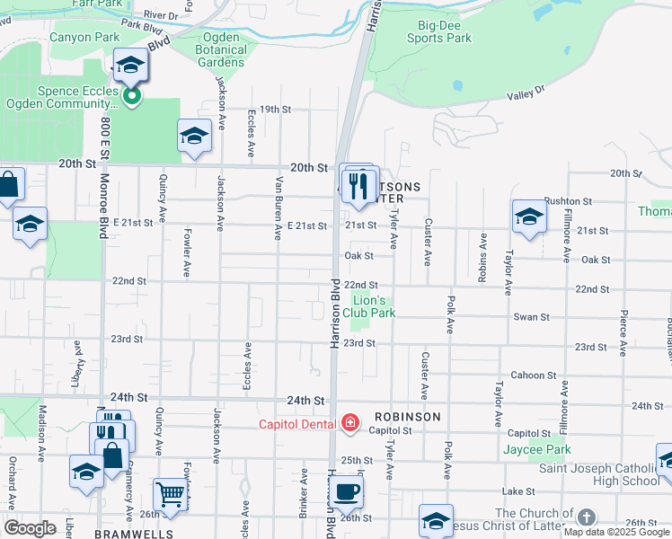 map of restaurants, bars, coffee shops, grocery stores, and more near 2168 South Harrison Boulevard in Ogden