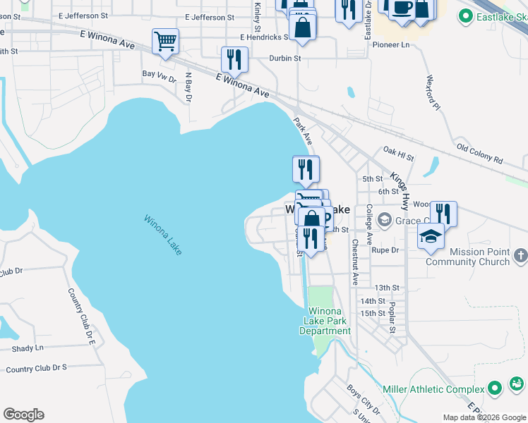 map of restaurants, bars, coffee shops, grocery stores, and more near 406 Administration Boulevard in Winona Lake