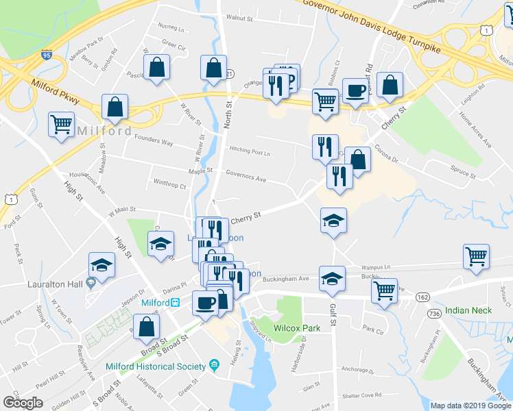map of restaurants, bars, coffee shops, grocery stores, and more near 35 Plymouth Court in Milford