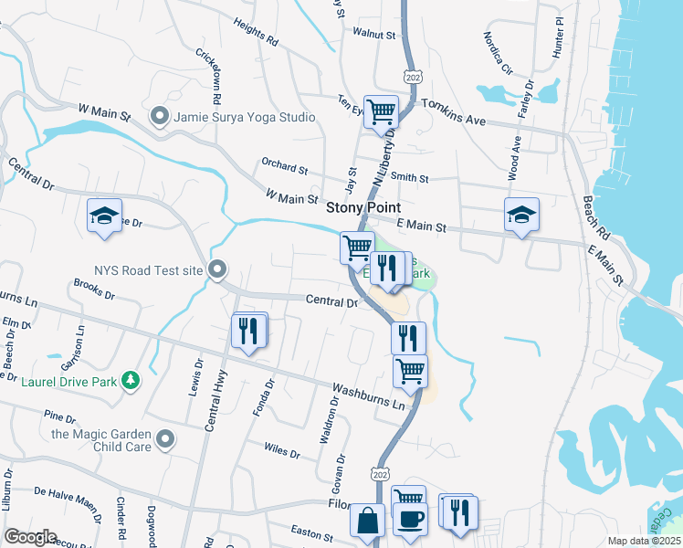map of restaurants, bars, coffee shops, grocery stores, and more near 2 South Liberty Drive in Stony Point