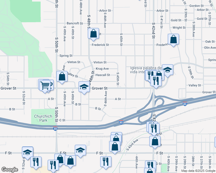 map of restaurants, bars, coffee shops, grocery stores, and more near 4517 Valley Street in Omaha