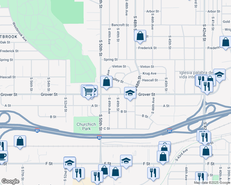 map of restaurants, bars, coffee shops, grocery stores, and more near 4907 Curlew Lane in Omaha