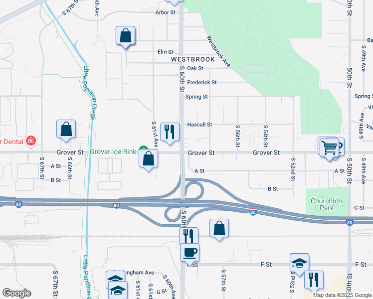 map of restaurants, bars, coffee shops, grocery stores, and more near in Omaha