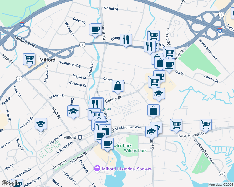 map of restaurants, bars, coffee shops, grocery stores, and more near 35 Plymouth Court in Milford