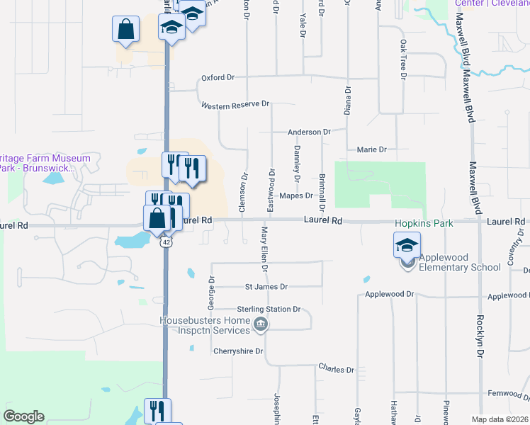 map of restaurants, bars, coffee shops, grocery stores, and more near 1754 Eastwood Drive in Brunswick