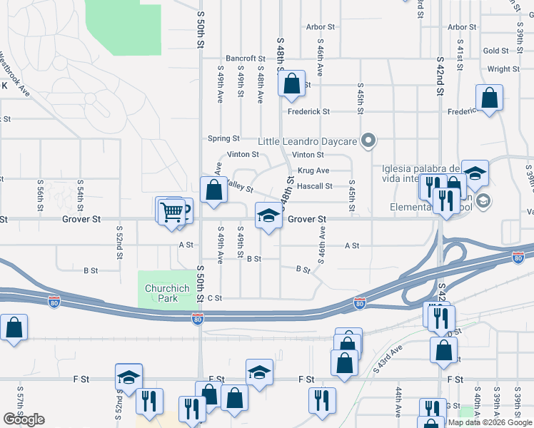 map of restaurants, bars, coffee shops, grocery stores, and more near 3413 South 48th Avenue Circle in Omaha