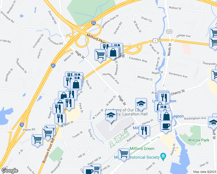 map of restaurants, bars, coffee shops, grocery stores, and more near 2 Davarlen Terrace in Milford