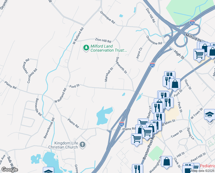 map of restaurants, bars, coffee shops, grocery stores, and more near 15 Marshall Street in Milford