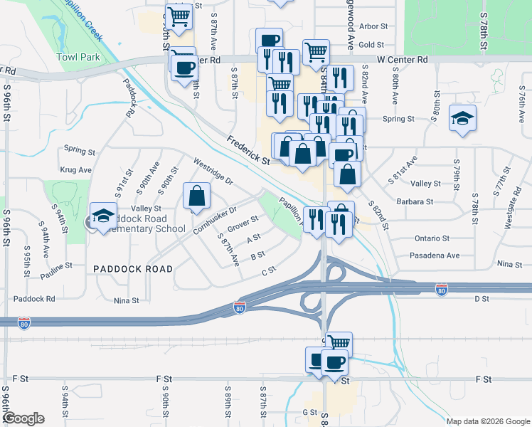 map of restaurants, bars, coffee shops, grocery stores, and more near Grover Street in Omaha