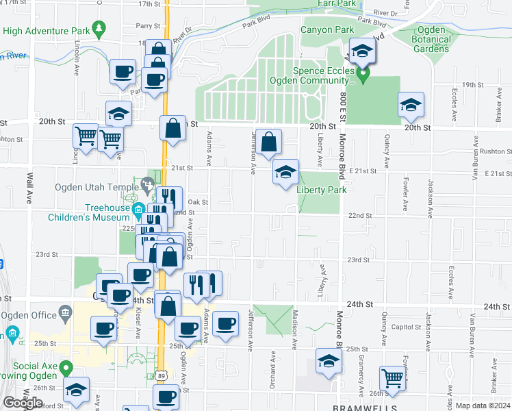 map of restaurants, bars, coffee shops, grocery stores, and more near 2174 Jefferson Avenue in Ogden