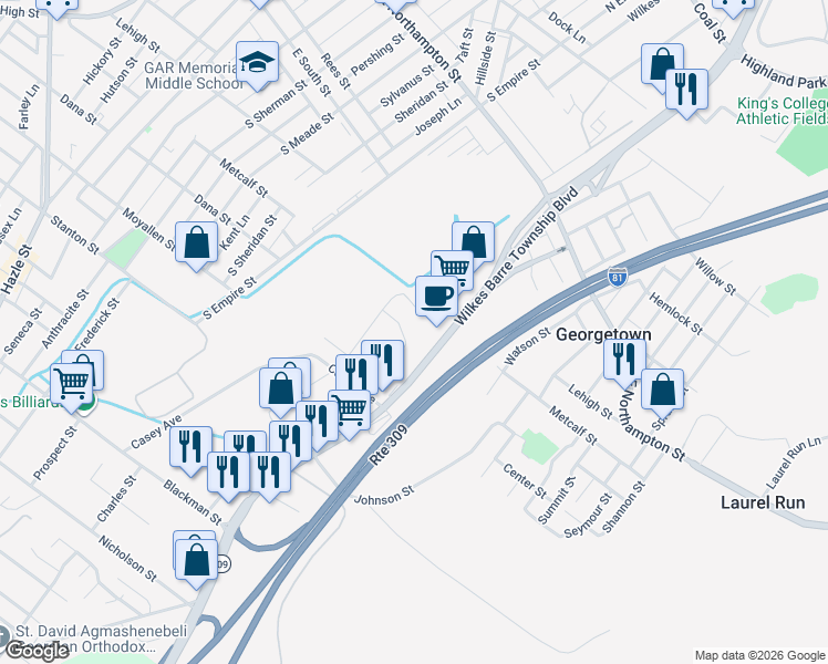 map of restaurants, bars, coffee shops, grocery stores, and more near 2 Almond St in Wilkes-Barre Township