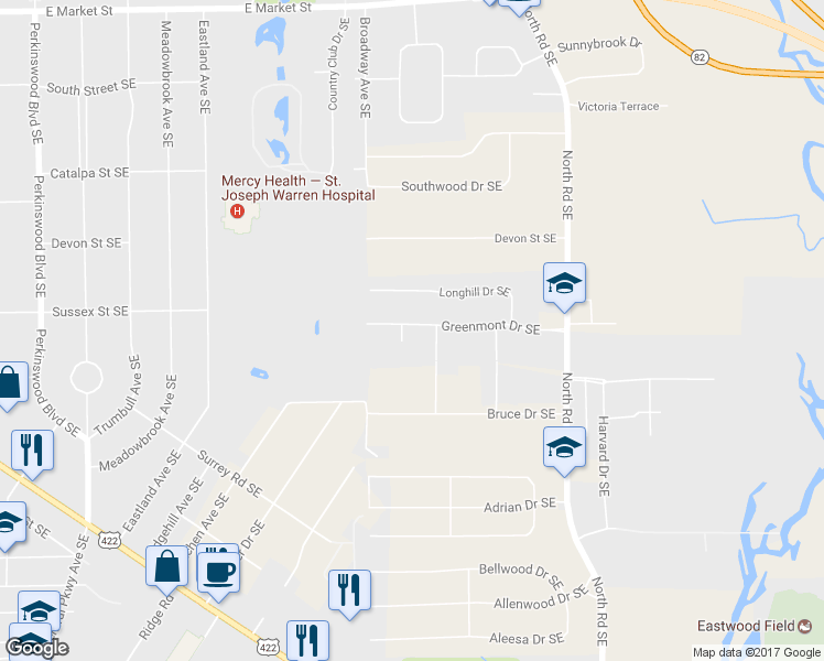 map of restaurants, bars, coffee shops, grocery stores, and more near 909 Thistle Place Southeast in Warren