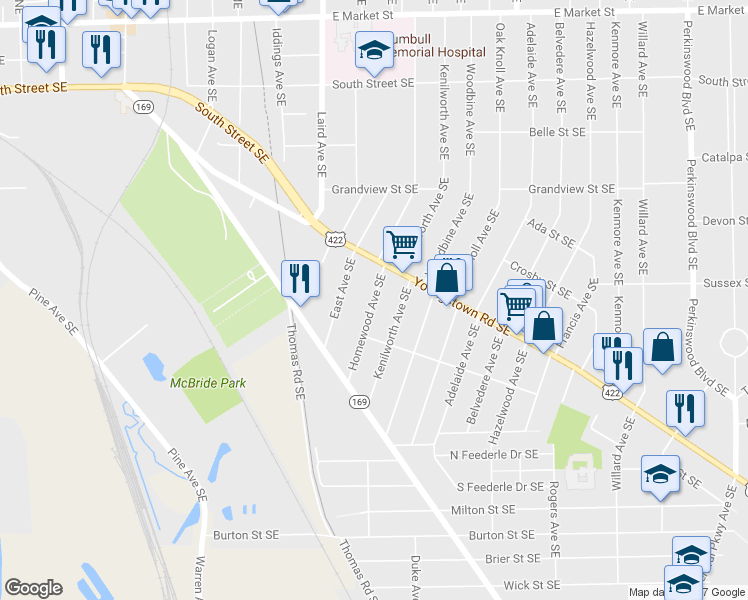 map of restaurants, bars, coffee shops, grocery stores, and more near 984 Homewood Avenue Southeast in Warren