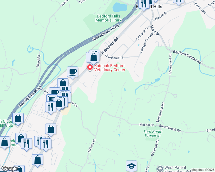 map of restaurants, bars, coffee shops, grocery stores, and more near 314 McLain Street in Bedford Hills