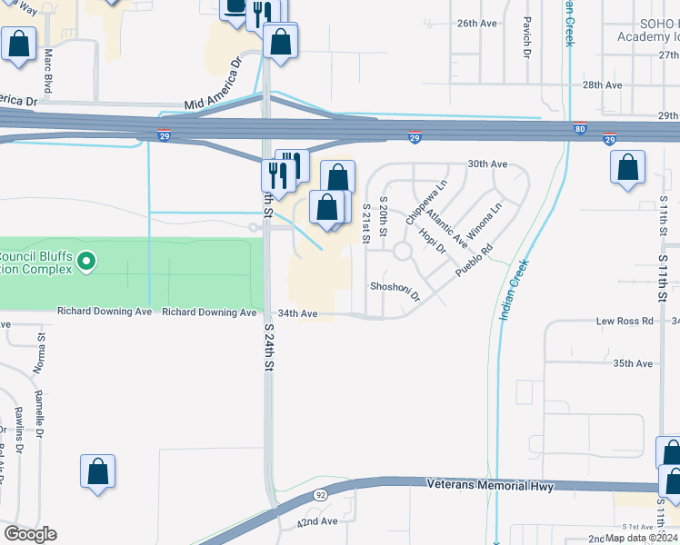 map of restaurants, bars, coffee shops, grocery stores, and more near 3333 Market Place Drive in Council Bluffs