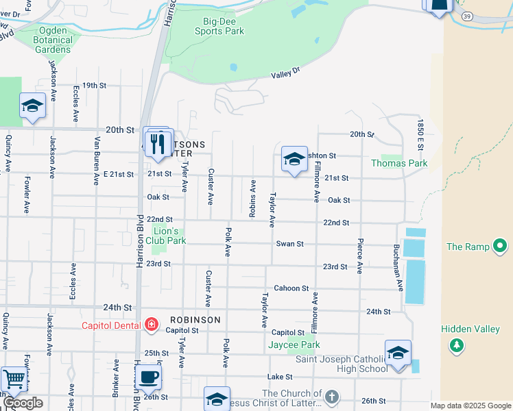 map of restaurants, bars, coffee shops, grocery stores, and more near 2148 Robins Avenue in Ogden