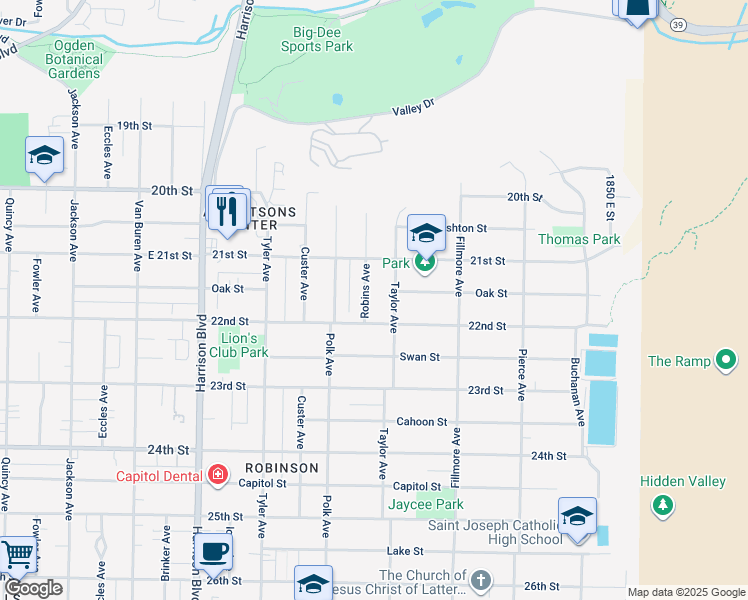 map of restaurants, bars, coffee shops, grocery stores, and more near 2148 Robins Avenue in Ogden