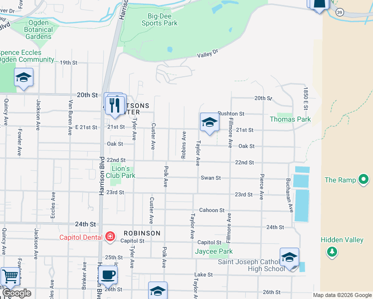 map of restaurants, bars, coffee shops, grocery stores, and more near 2148 Robins Avenue in Ogden