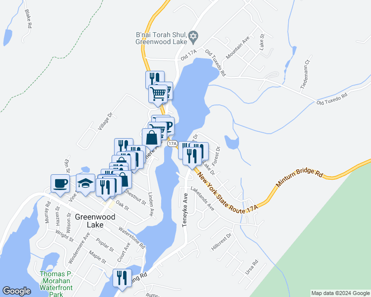 map of restaurants, bars, coffee shops, grocery stores, and more near 7 Shore Drive in Greenwood Lake
