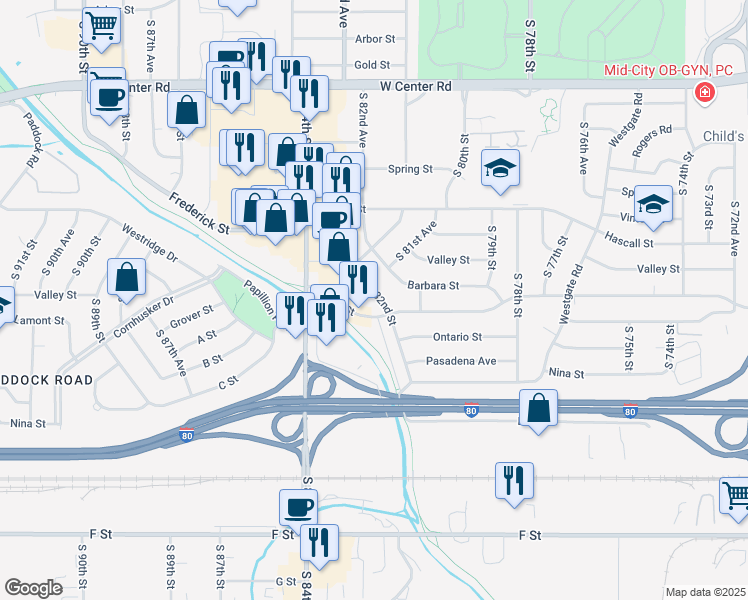 map of restaurants, bars, coffee shops, grocery stores, and more near 3480 South 82nd Street in Omaha