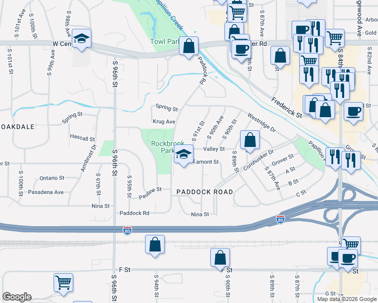 map of restaurants, bars, coffee shops, grocery stores, and more near 3325 South 91st Street in Omaha