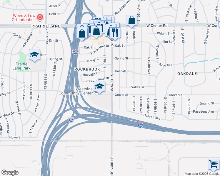 map of restaurants, bars, coffee shops, grocery stores, and more near 10825 Valley Street in Omaha