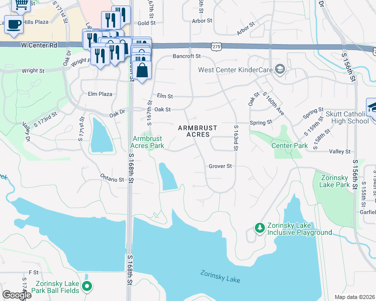 map of restaurants, bars, coffee shops, grocery stores, and more near 16572 Hascall Street in Omaha
