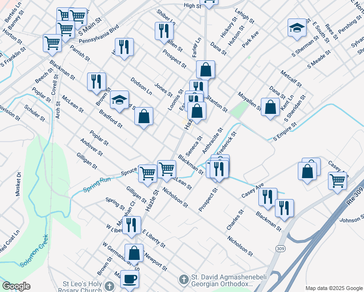 map of restaurants, bars, coffee shops, grocery stores, and more near 490-492 Hazle Street in Wilkes-Barre
