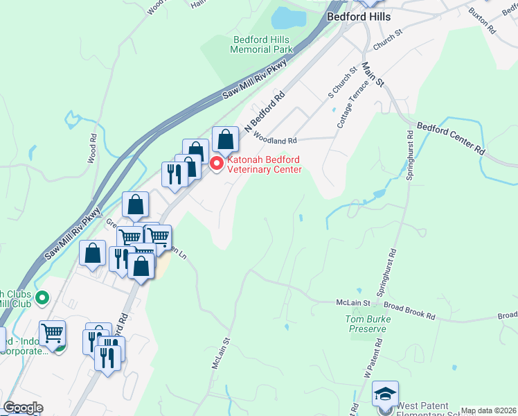 map of restaurants, bars, coffee shops, grocery stores, and more near 314 McLain Street in Bedford Hills