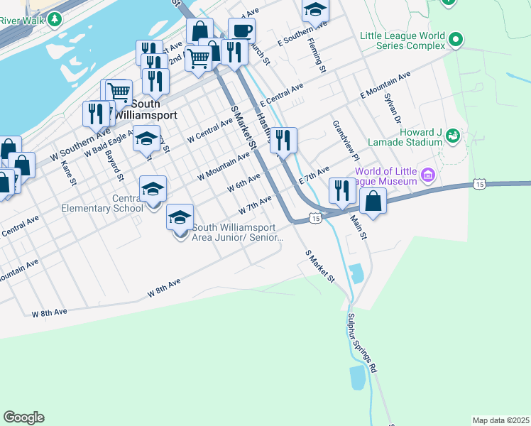 map of restaurants, bars, coffee shops, grocery stores, and more near 729 South Howard Street in South Williamsport