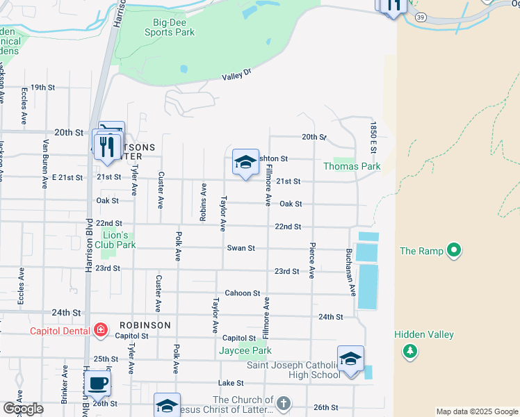 map of restaurants, bars, coffee shops, grocery stores, and more near 1579 Oak Street in Ogden