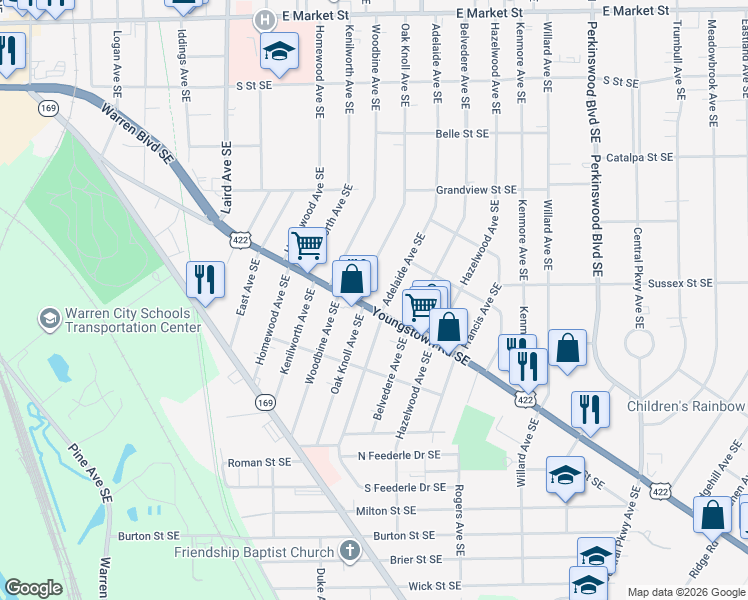 map of restaurants, bars, coffee shops, grocery stores, and more near 1861 Youngstown Road Southeast in Warren