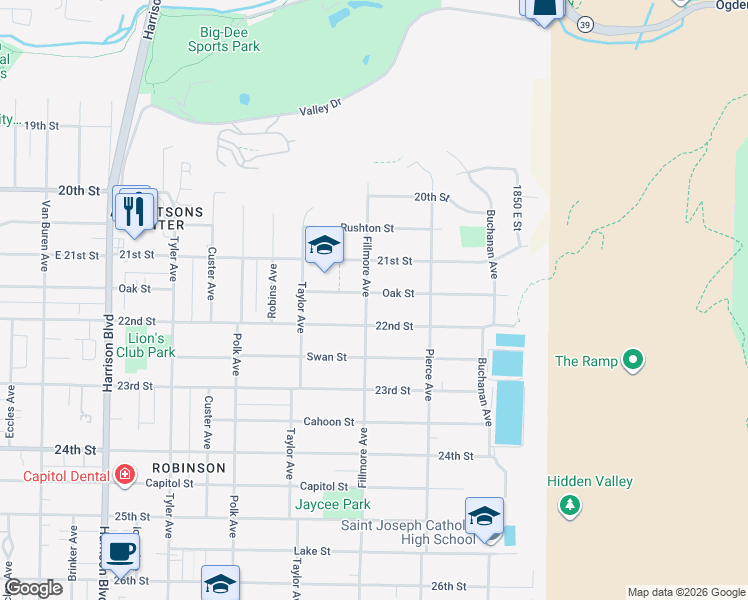 map of restaurants, bars, coffee shops, grocery stores, and more near 2150 Fillmore Avenue in Ogden